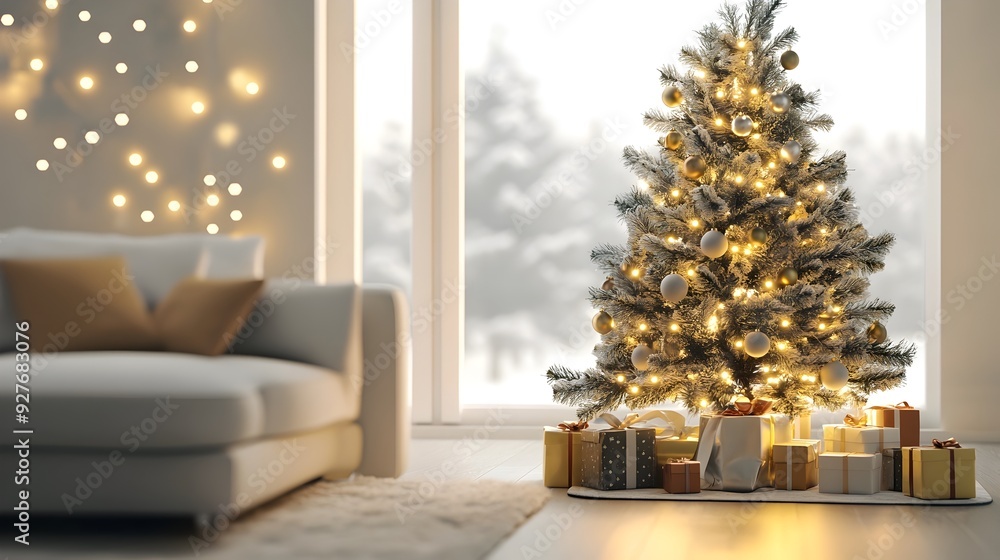 Fototapeta premium Beautifully decorated Christmas tree with glowing lights ornaments and presents underneath set in a cozy and warm living room with a festive and inviting atmosphere