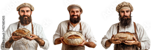 Collage of bearded baker in a traditional cap and apron, proudly displaying a freshly baked loaf of bread,isolated on a transparent background 