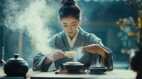 Woman in Traditional Chinese Dress Enjoying a Cup of Tea