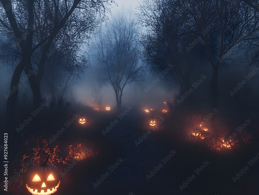 A 3D rendered scene of an enchanted dark forest path winding through the fog with silhouettes of bare trees and glowing pumpkins lining the way