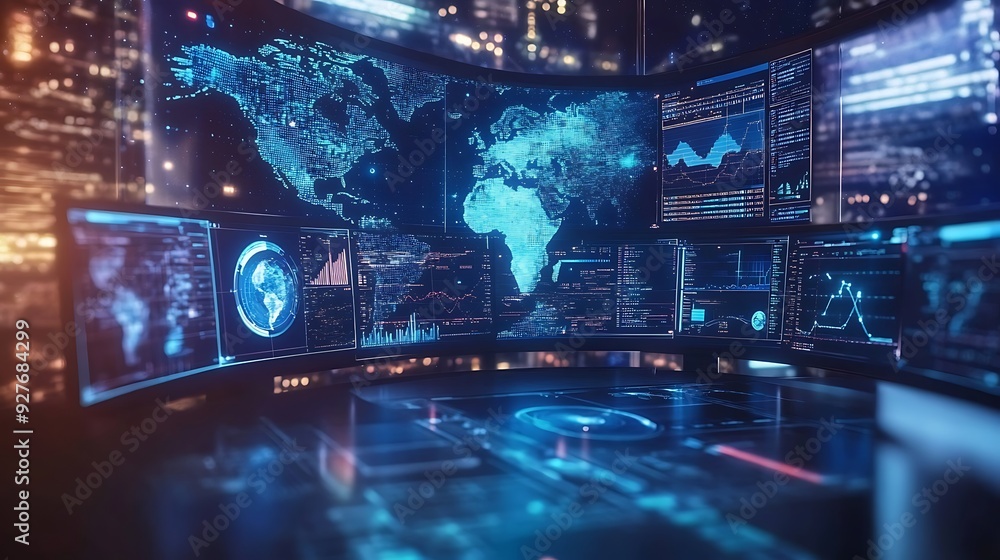 A digital space exploration control room with interactive star maps and spacecraft monitors A digital space exploration control room with interactive star maps and spacecraft monitors