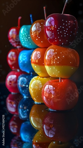 Glowing Candy Apples Displayed Against Pitch Black Background photo