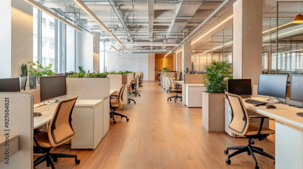 Modern coworking space with white and gray walls, wooden floors, rows of computers and beige chairs. --ar 16:9 --v 6.1 Job ID: 49449bb0-6609-4266-ba15-630ac0d1d3b2 Modern coworking space with white and gray walls, wooden floors, rows of computers and beige chairs. --ar 16:9 --v 6.1 Job ID: 49449bb0-6609-4266-ba15-630ac0d1d3b2