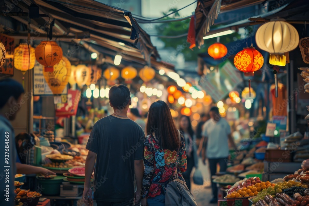 A pair of spouses exploring a vibrant street market, sampling local cuisine, AI generated A pair of spouses exploring a vibrant street market, sampling local cuisine, AI generated