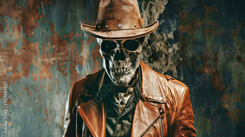 A skeleton in a brown leather suit and top hat creates a chilling atmosphere reminiscent of a steampunk Halloween celebration photo