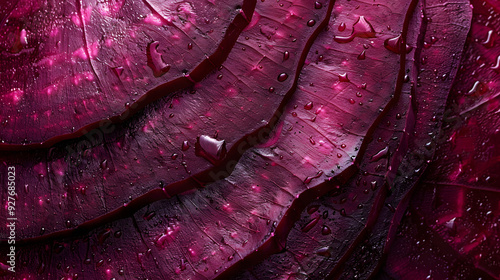 Detailed macro shot of red cabbage layers with water droplets. The deep purple tones and textured layers showcase the freshness and intricate patterns of the vegetable