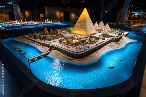 A detailed miniature model of an ancient Egyptian city with pyramids, buildings, and a river. photo