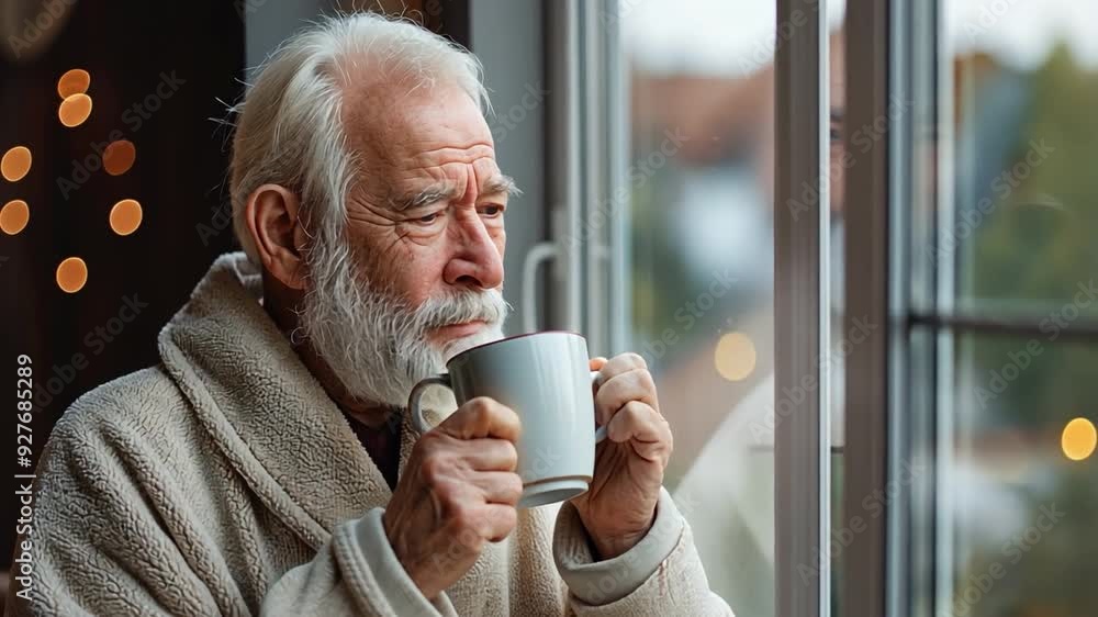 An elderly man in a bathrobe at home, staring out the window with a coffee cup An elderly man in a bathrobe at home, staring out the window with a coffee cup