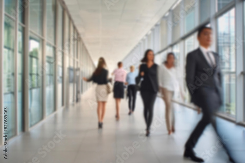 Obraz na płótnie business people walking in the corridor of an business center, pronounced motion blur, crowded bright modern light office movement defocused