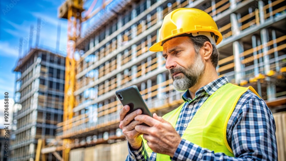 Professional Engineer Reviewing Plans on Smartphone at Active Construction Site Professional Engineer Reviewing Plans on Smartphone at Active Construction Site