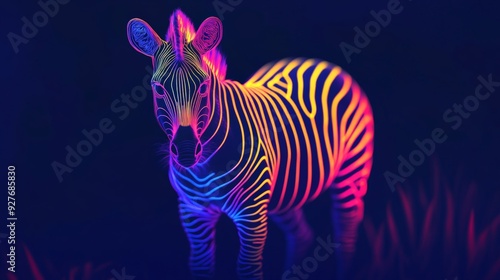 Neon Line Art of a zebra standing alert in a clearing, with its stripes glowing against the dark background