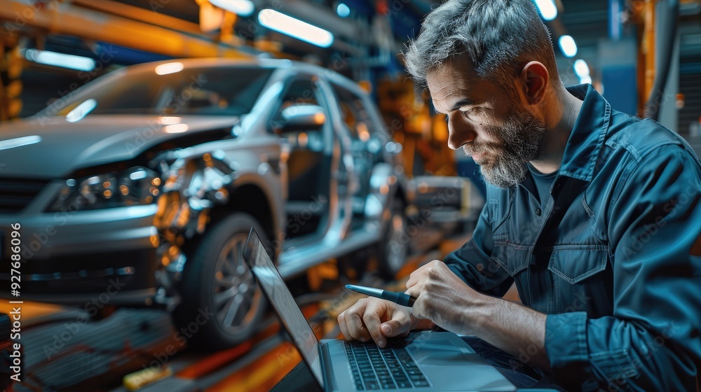 A man edit a picture of a car on his laptop in an attempt to hide the damage, damaged car on background, whole car in laptop screen. Generative AI. A man edit a picture of a car on his laptop in an attempt to hide the damage, damaged car on background, whole car in laptop screen. Generative AI.