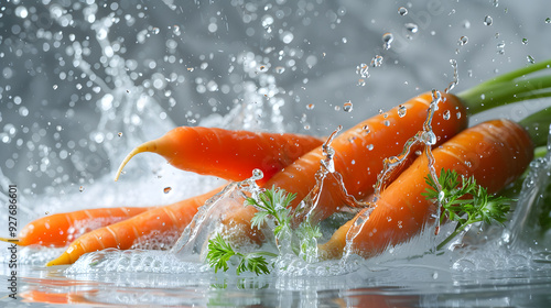 Close-up of fresh carrots with green tops, splashing in water against a neutral background. A dynamic and vibrant depiction of fresh produce, emphasizing cleanliness and organic farming.