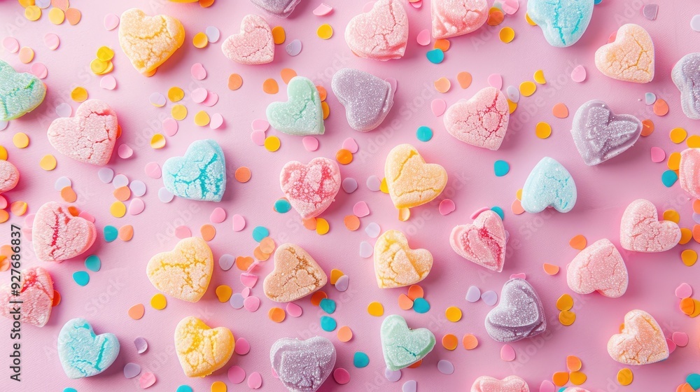 Colorful heart shaped candy confetti on a pink backdrop Colorful heart shaped candy confetti on a pink backdrop