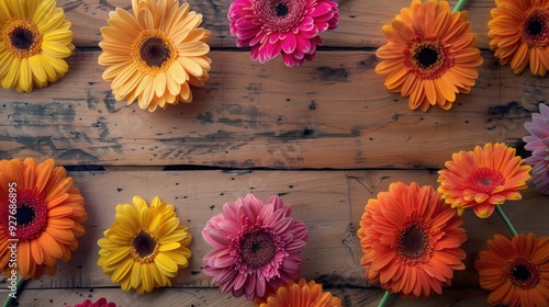 Colorful Gerbera flowers displayed on wooden surface aerially