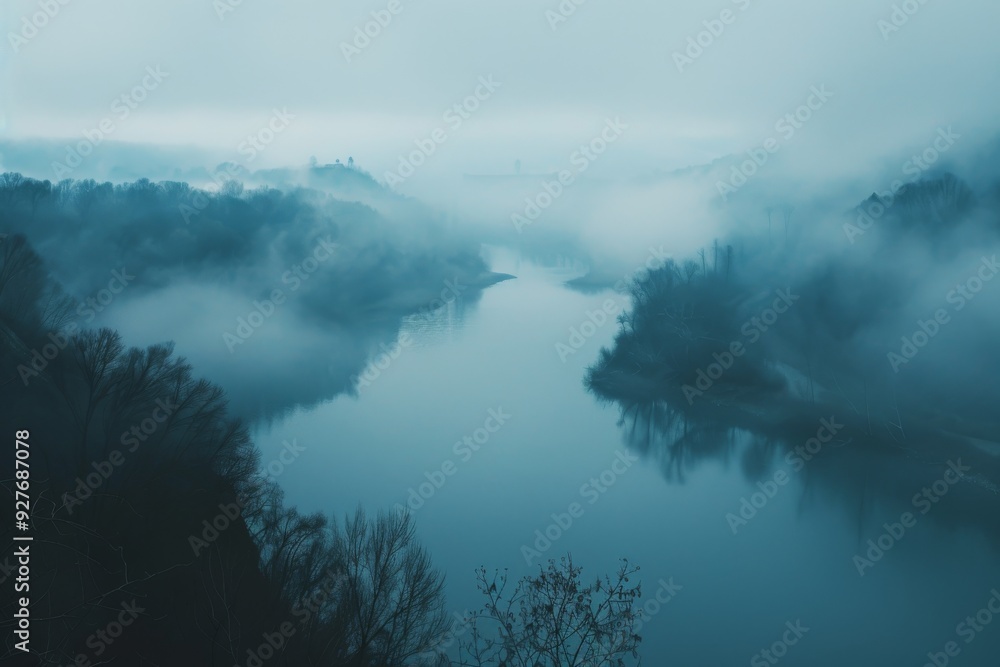 Obraz premium A foggy river scene with trees lining the banks, evoking a sense of calm and solitude in nature, A river disappearing into the fog , AI generated