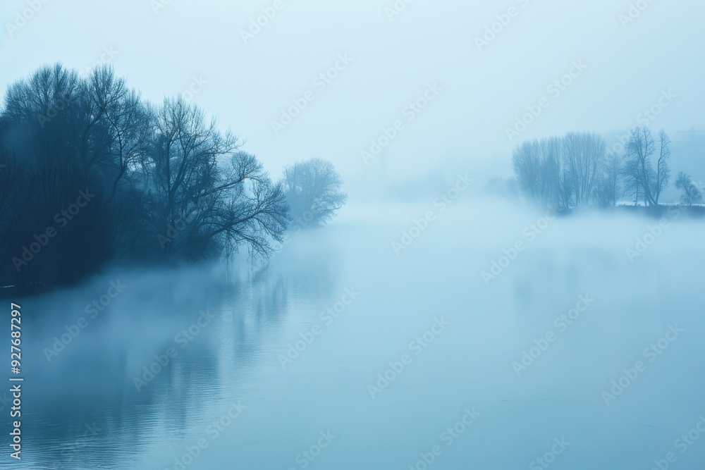 A mist-covered river surrounded by trees, illustrating a peaceful and ethereal atmosphere in the wilderness, A river disappearing into the fog , AI generated A mist-covered river surrounded by trees, illustrating a peaceful and ethereal atmosphere in the wilderness, A river disappearing into the fog , AI generated