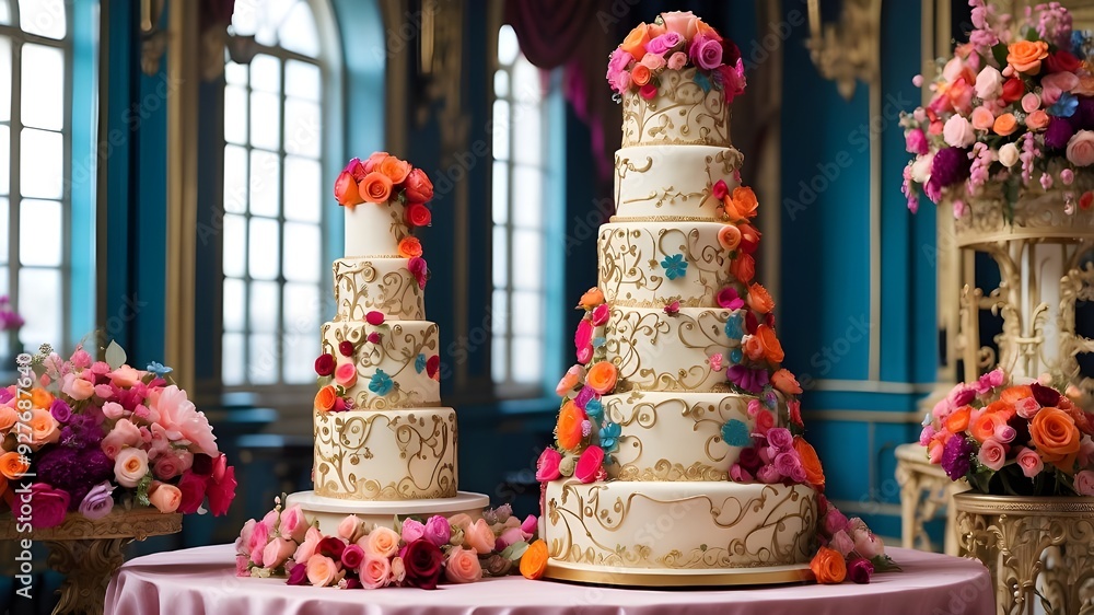 Naklejka premium A towering, multi-tiered cake adorned with vibrant flowers and intricate piping, fit for a royal celebration.