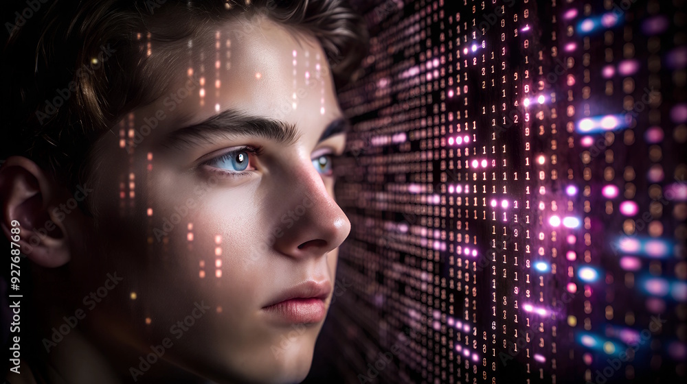 Portrait of a boy with digital binary code overlay, future technologies, digital education, personalization of human Portrait of a boy with digital binary code overlay, future technologies, digital education, personalization of human