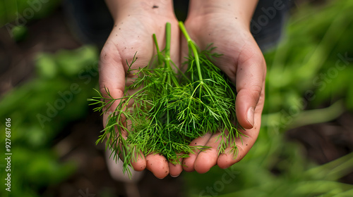 Close-up of hands gently holding a bunch of fresh dill in a garden. A vibrant and natural scene emphasizing organic farming, fresh produce, and sustainable agriculture.