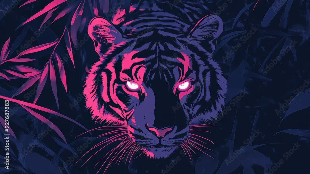 Neon Line Art of a tiger stalking through the jungle, with its eyes glowing brightly Neon Line Art of a tiger stalking through the jungle, with its eyes glowing brightly