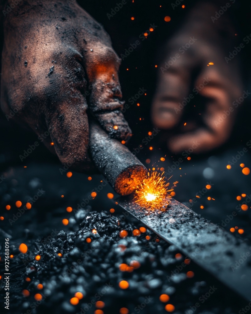 Close-up of hands working with metal, creating a shower of bright orange sparks against a dark background