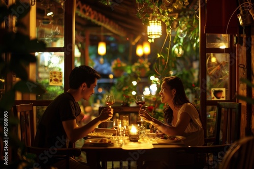 A couple is seated at a restaurant table, sharing a meal and engaging in conversation in a warm atmosphere, A romantic couple enjoying a candlelit dinner at a cozy restaurant. AI generated