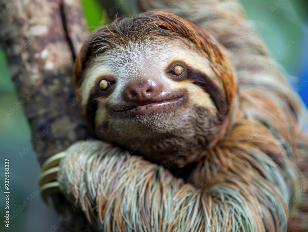 Serene Sloth in Costa Rica's Lush Cloud Forests - Closeup of Adorable Lazy Sloth Hanging from Tree Branch in Tropical Jungle Canopy Serene Sloth in Costa Rica's Lush Cloud Forests - Closeup of Adorable Lazy Sloth Hanging from Tree Branch in Tropical Jungle Canopy