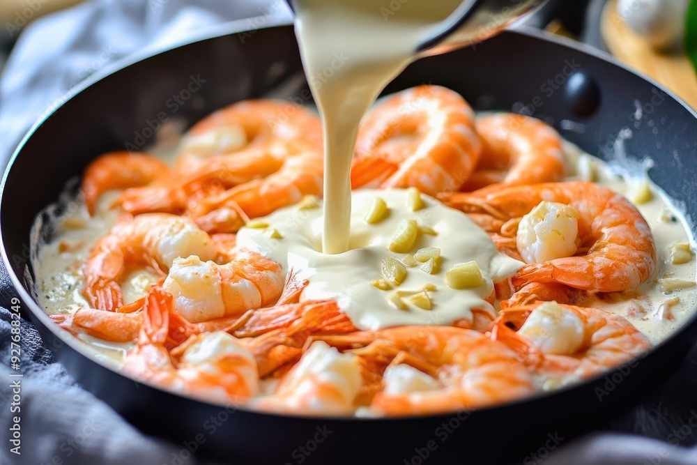 Succulent shrimp being coated in creamy sauce, perfect for seafood lovers and culinary enthusiasts. Succulent shrimp being coated in creamy sauce, perfect for seafood lovers and culinary enthusiasts.