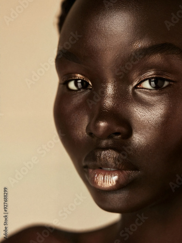 A close-up portrait of a young black woman with dark skin. Her eyes are open and looking directly at the camera.