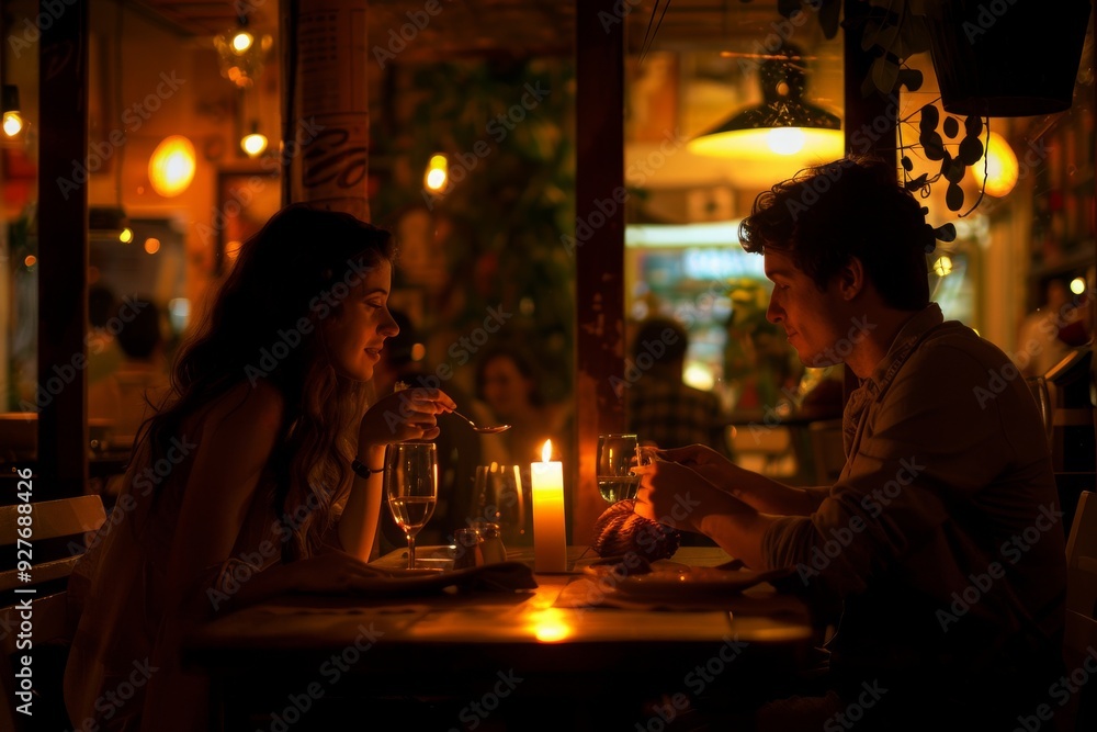 A couple sits at a table in a restaurant, enjoying each other's company amidst a pleasant dining environment, A romantic couple enjoying a candlelit dinner at a cozy restaurant. AI generated A couple sits at a table in a restaurant, enjoying each other's company amidst a pleasant dining environment, A romantic couple enjoying a candlelit dinner at a cozy restaurant. AI generated