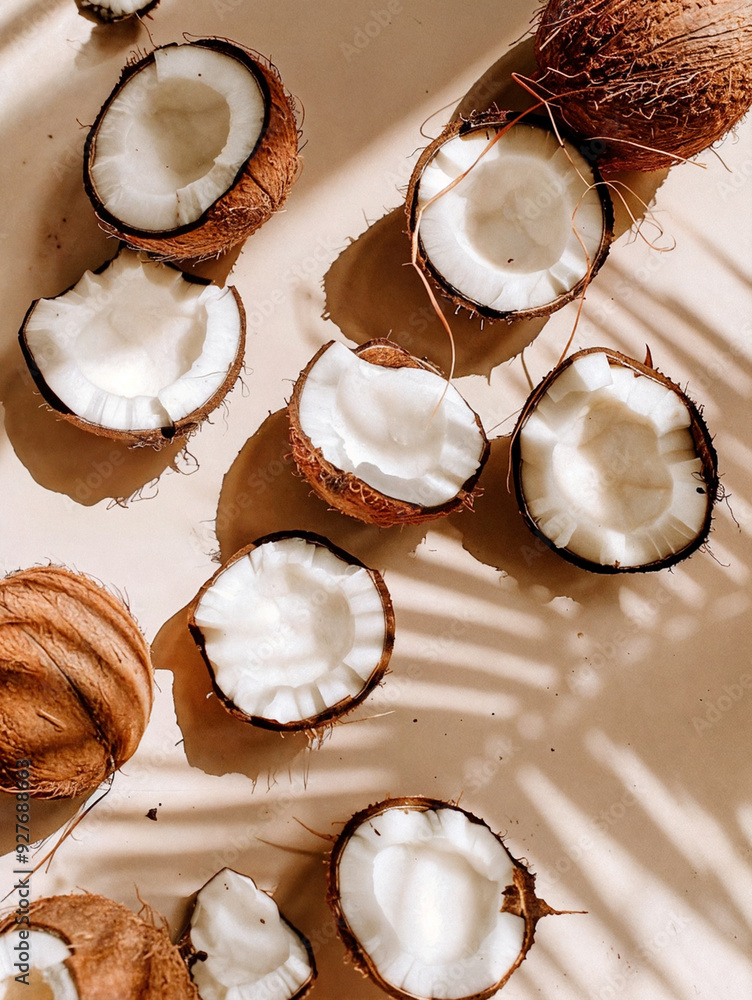 A collection of coconuts with a sunlit background, their shells open to reveal white interiors. A collection of coconuts with a sunlit background, their shells open to reveal white interiors.