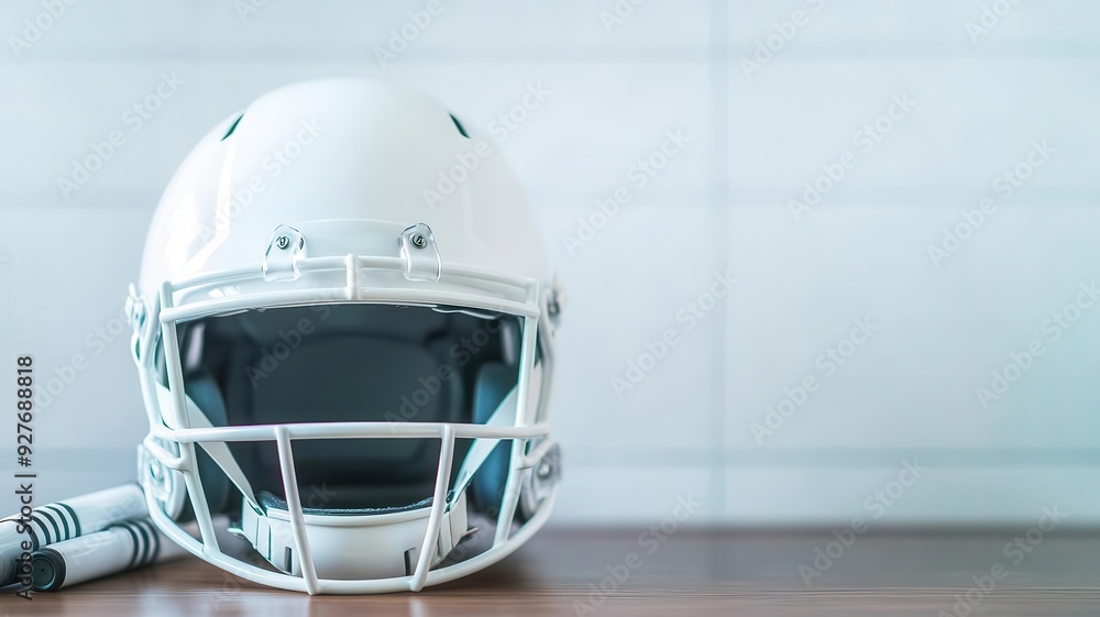 Fototapeta premium Football helmet with coaching markers on a whiteboard, flat design, top view, strategy session, watercolor, Split-complementary color scheme