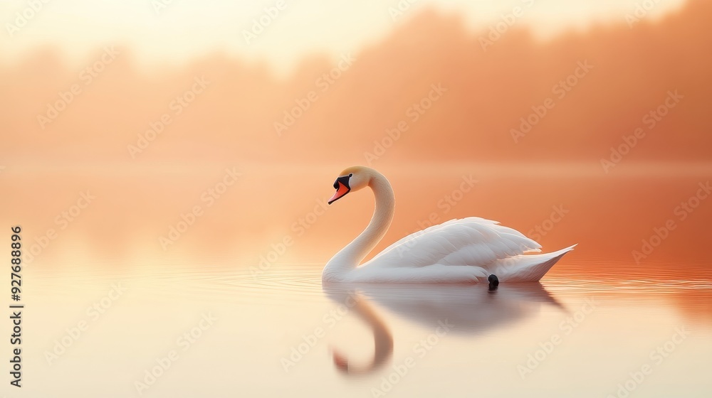 Fototapeta premium Serene Swan Gliding on Tranquil Lake at Peach Sunset - 3D Render of Elegant White Bird in Nature