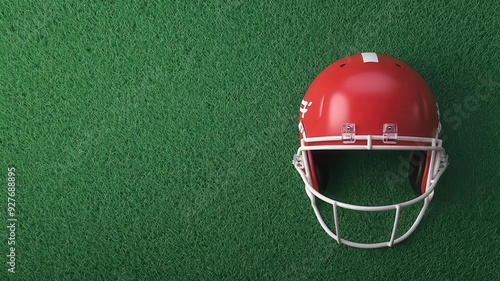 Helmet lying on a field with coaching marks around, flat design, top view, pre-game preparation, , vivid