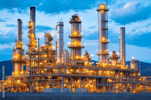 Wallpaper Mural Panoramic view of a brightly lit oil refinery with towering structures against a blue twilight sky Torontodigital.ca