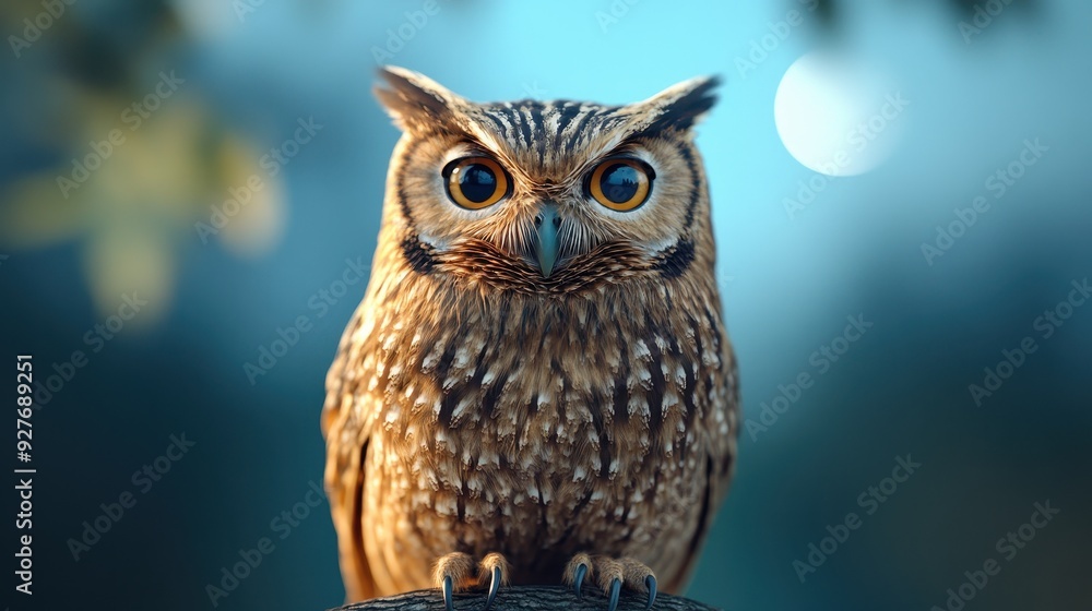 Enchanting Brown Owl Perched on Tree Branch in Moonlit Blue Night Sky - 3D Render Enchanting Brown Owl Perched on Tree Branch in Moonlit Blue Night Sky - 3D Render