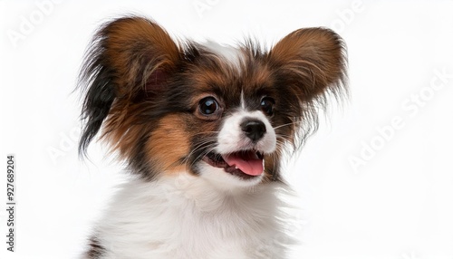 笑顔のパピヨンの子犬のポートレート（Portrait of a smiling Papillon puppy on white background）
 photo