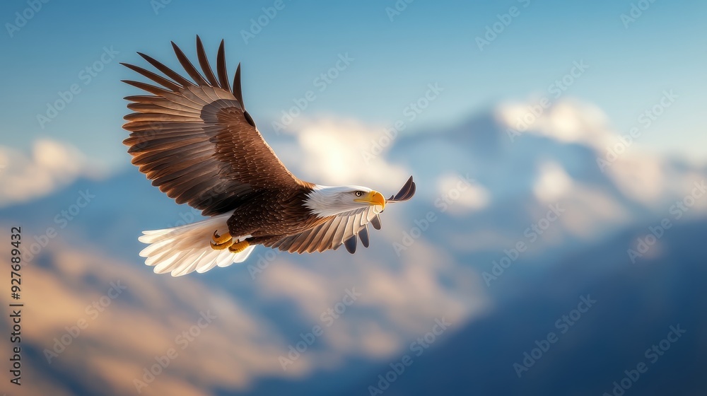 Majestic Bald Eagle Soaring Over Mountains in a Deep Blue Sky Background - 3D Render Majestic Bald Eagle Soaring Over Mountains in a Deep Blue Sky Background - 3D Render