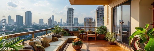 balcony, patio furniture, plants, overlooking bangkok