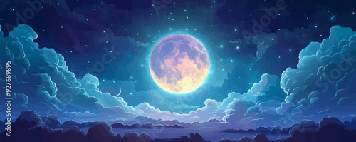 Full moon with clouds passing by. Vector flat isolated.