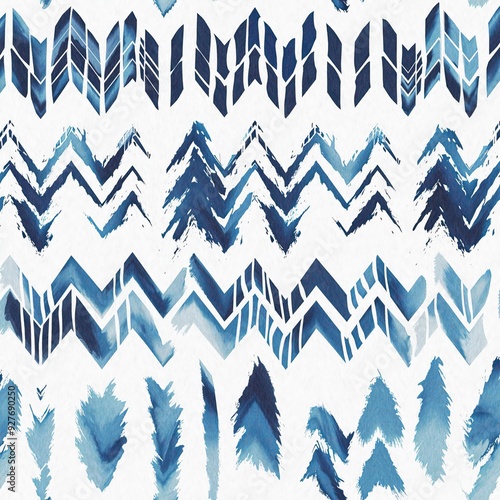 Summery ikat zig zag pattern in painterly brushstroke digital design. Modern coastal living printed chevron textile decor in seamless all over template.  photo