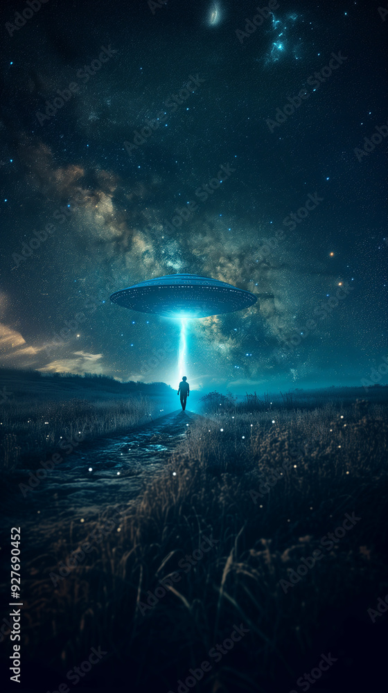 Fantasy scene of a UFO beaming light down into a desolate field. A man seen from the back is silhouetted against the spaceship's light beams. Fantasy scene of a UFO beaming light down into a desolate field. A man seen from the back is silhouetted against the spaceship's light beams.