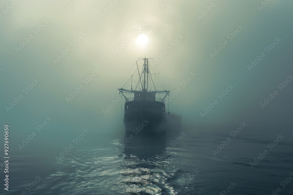 A solitary ship emerges from the fog on a serene lake, evoking a sense of calm and intrigue in the misty surroundings, A ship emerging from the foggy harbor, AI generated A solitary ship emerges from the fog on a serene lake, evoking a sense of calm and intrigue in the misty surroundings, A ship emerging from the foggy harbor, AI generated