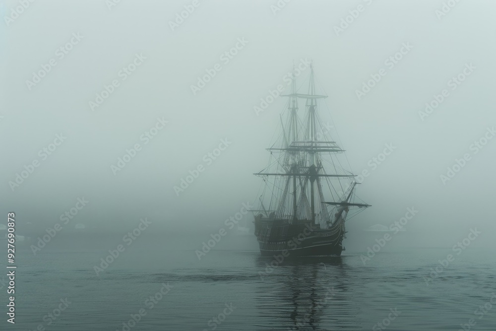Obraz premium A ship is partially obscured by fog as it glides across a still lake, enhancing the scene's ethereal and tranquil quality, A ship emerging from the foggy harbor, AI generated