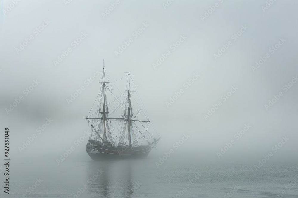 A fog-covered lake features a ship, shrouded in mist, symbolizing adventure and the unknown in a serene environment, A ship emerging from the foggy harbor, AI generated A fog-covered lake features a ship, shrouded in mist, symbolizing adventure and the unknown in a serene environment, A ship emerging from the foggy harbor, AI generated