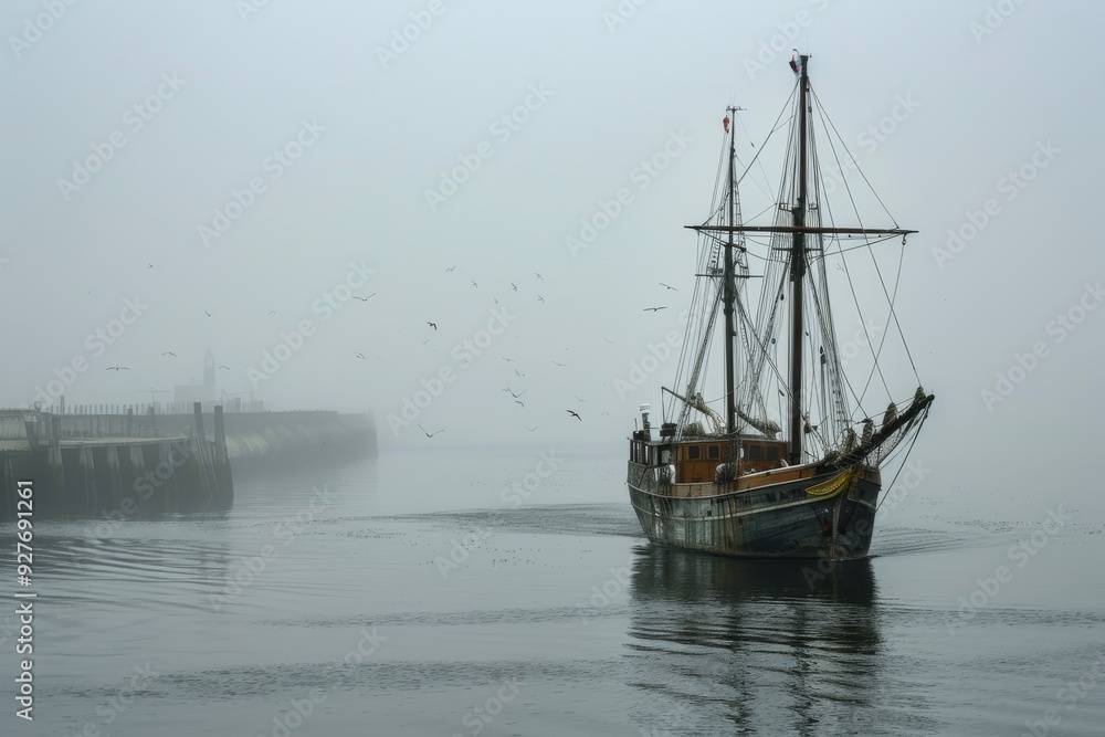 Obraz premium A ship emerging from the foggy harbor, AI generated