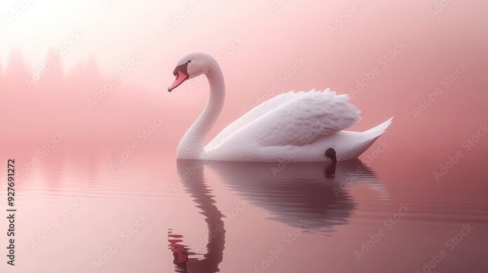 Fototapeta premium Graceful White Swan Serenity in Pastel Pink Waters - 3D Render
