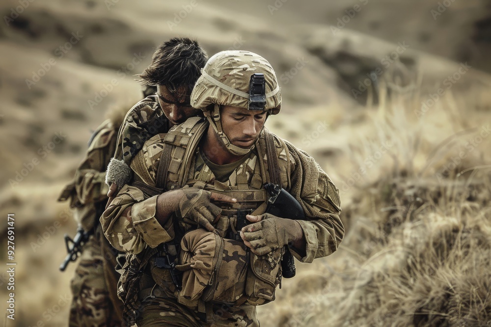 Fototapeta premium Two soldiers assist a wounded comrade, carrying him through a rugged field, showcasing bravery and teamwork in combat, A soldier carrying a wounded civilian to safety, AI generated