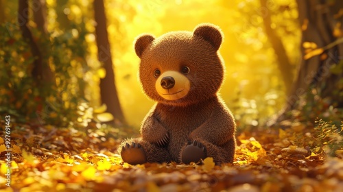 Adorable Brown Bear Cub in Forest Clearing with Sunny Yellow Background - 3D Render